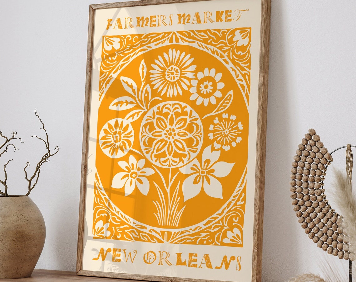 New Orleans Farmers Market Yellow Linocut Poster Vintage Art Print Louisiana Farmers Market Poster Kitchen Wall Art Local Souvenir Gift