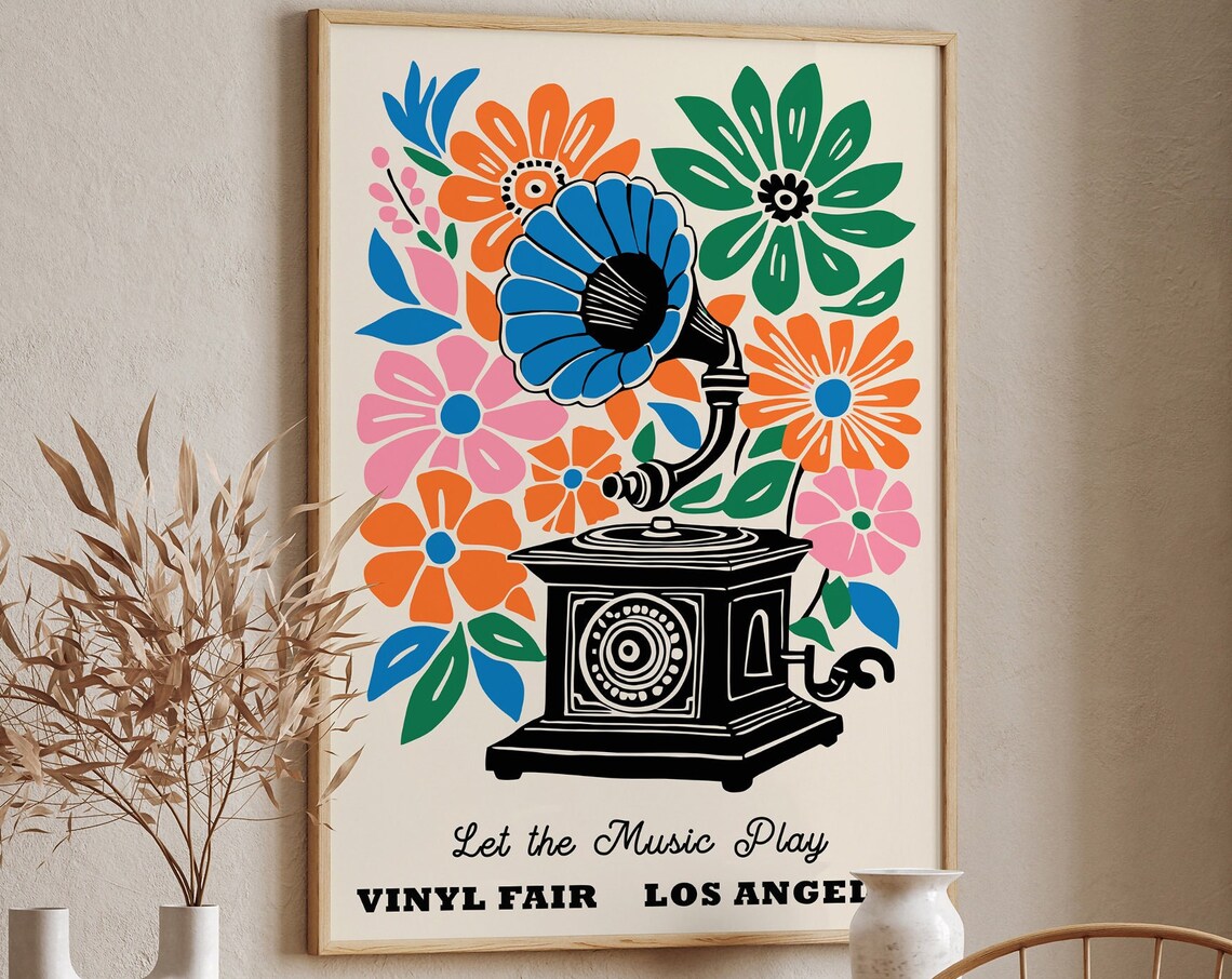 Let the Music Play Vinyl Fair Los Angeles Floral Gramophone Poster