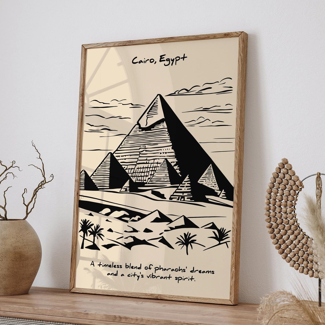 Cairo Egypt Pyramids Black Ink Line Drawing Desert Travel Poster
