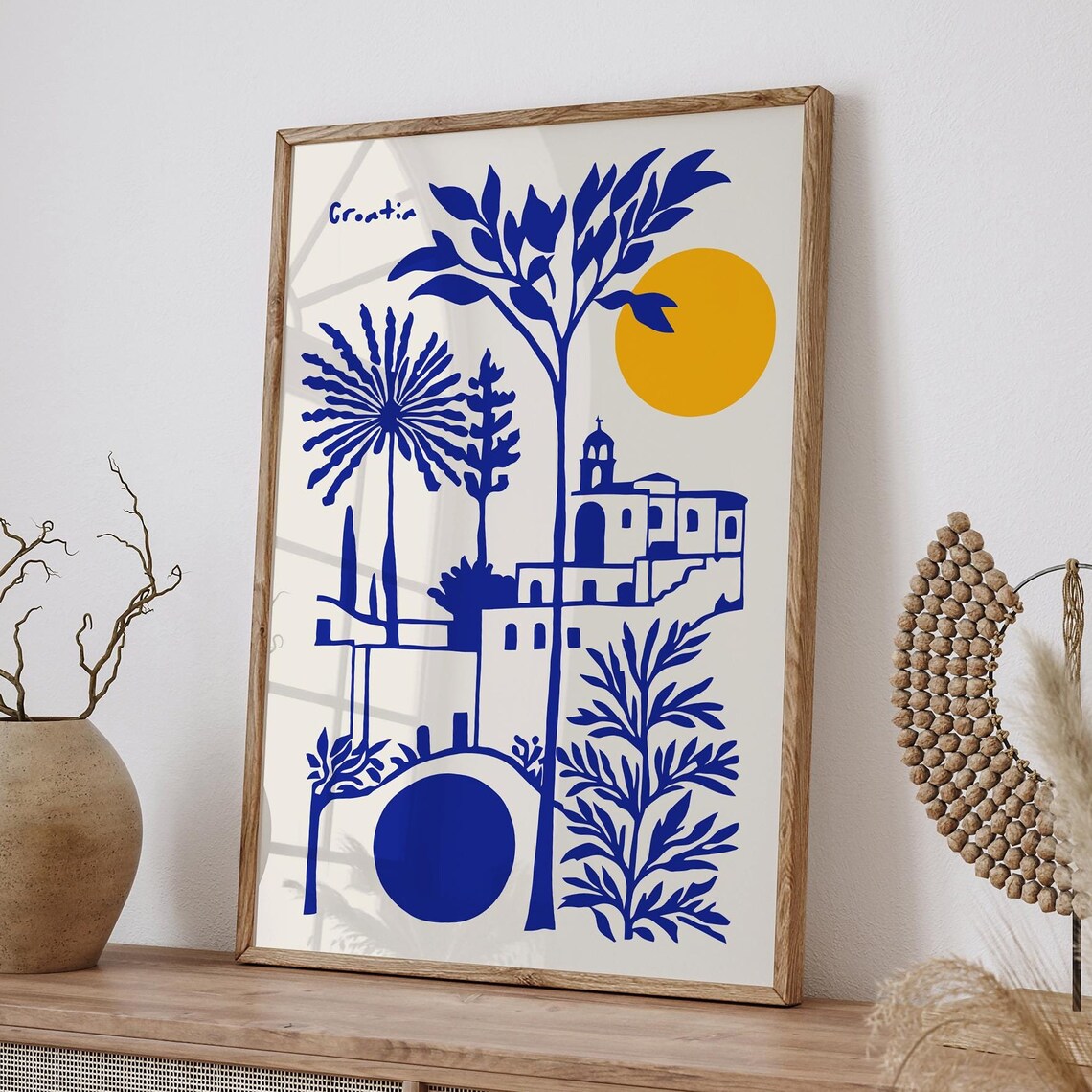 Croatia Coastal Village Blue Yellow Modern Mediterranean Poster