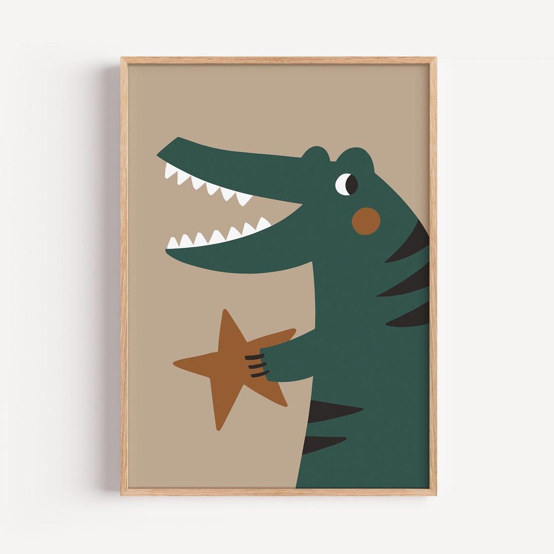 Friendly Green Crocodile Holding a Starfish Nursery Art Poster