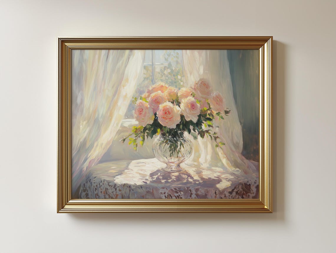Roses And Lilies In Crystal Vase Vintage Floral Painting 333