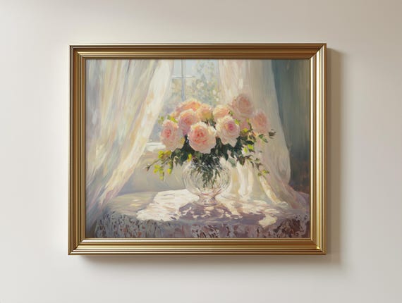 Roses And Lilies In Crystal Vase Vintage Floral Painting 333