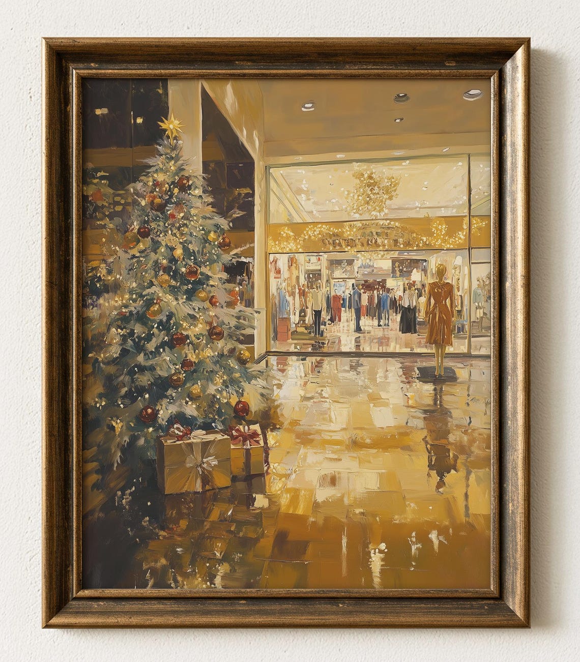 Luxury Hotel Lobby Christmas Tree Golden Holiday Painting Poster