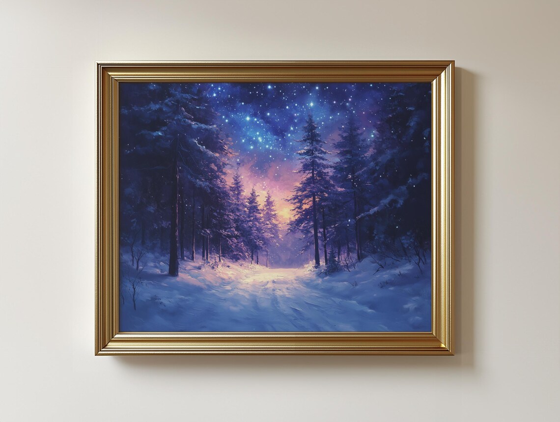 Snowy Forest Night Starry Winter Landscape Print