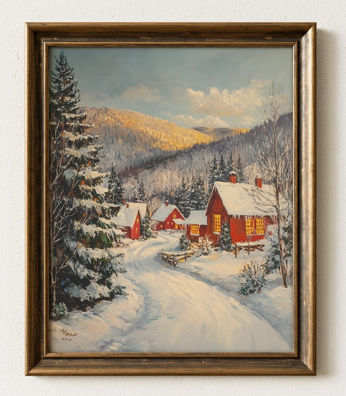 Peaceful Winter Village, Vintage Christmas Art Print
