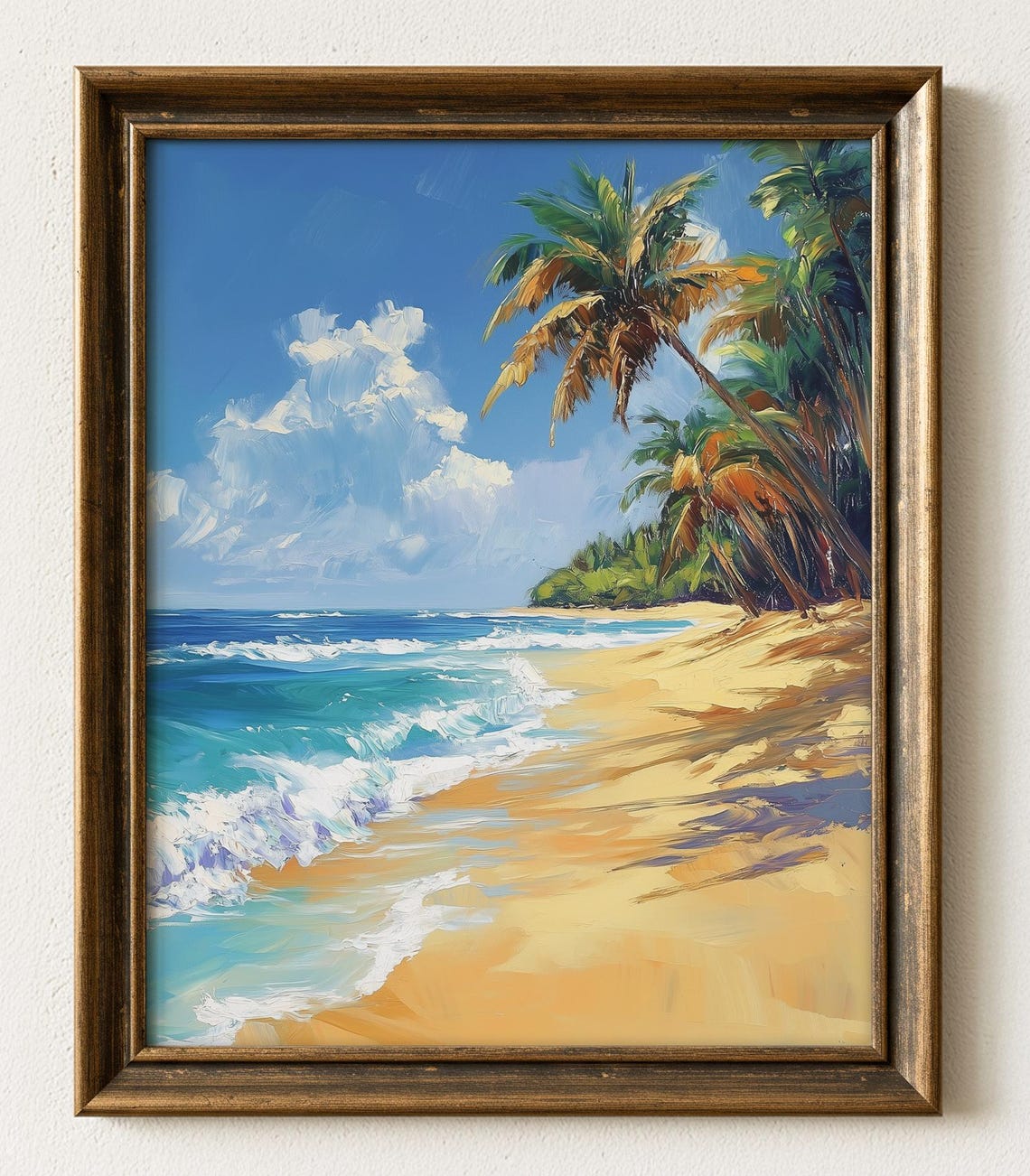 Tropical Beach Palm Trees Turquoise Waves Oil Painting Poster