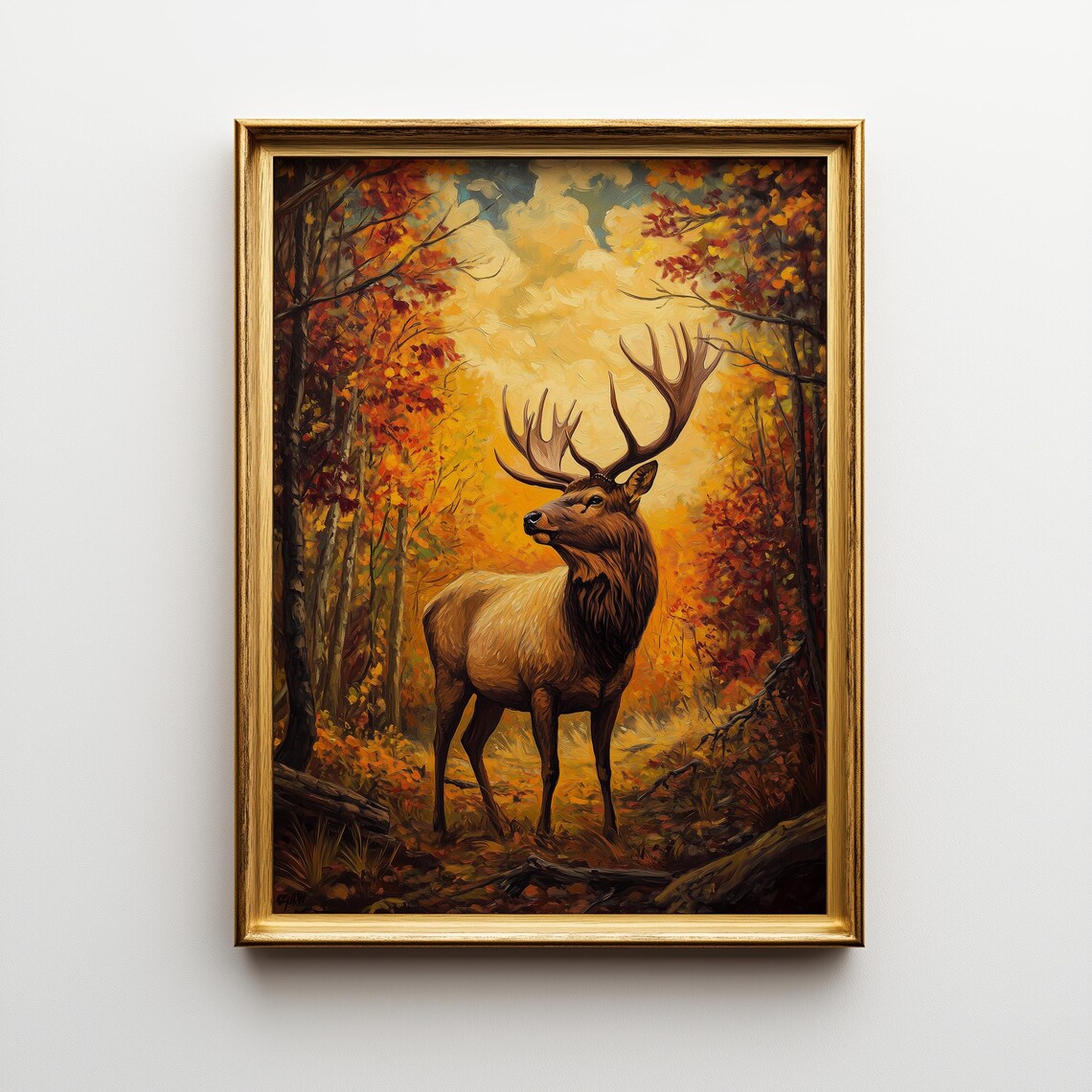 Autumn Elk Painting, Sunlit Forest Landscape Art