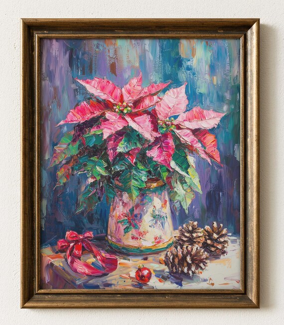 Vintage Pink Poinsettia Christmas Still Life Oil Painting Poster