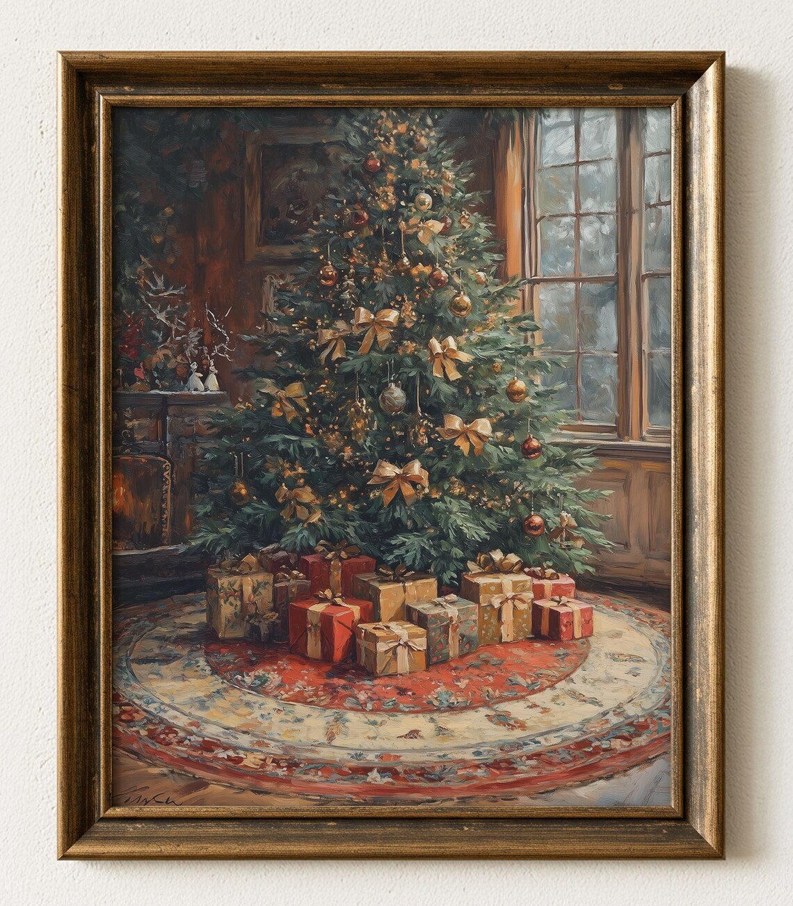 Vintage Christmas Tree Rustic Holiday Scene Art