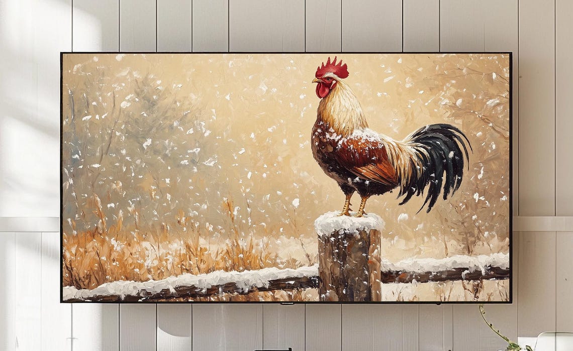 Proud Rooster on Snowy Fence Post Rustic Winter Farm Bird Art Poster