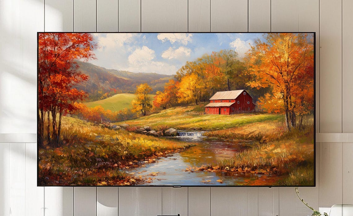 Red Barn Autumn Stream Farm Valley Golden Oil Painting Scenery Poster