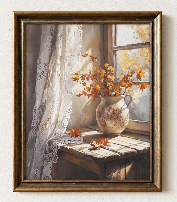 Autumn Leaves Painting Rustic Vase Lace Curtain 964