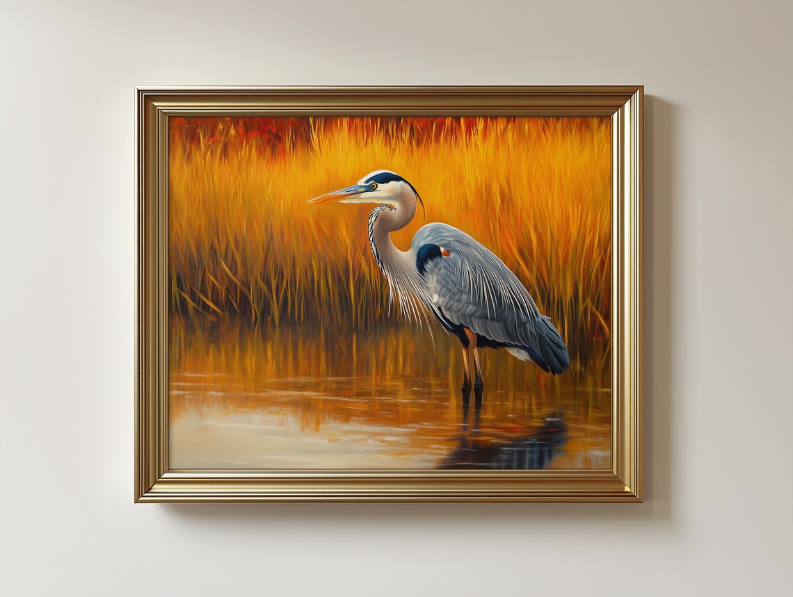Great Blue Heron in Golden Marsh, Rustic Wildlife Art