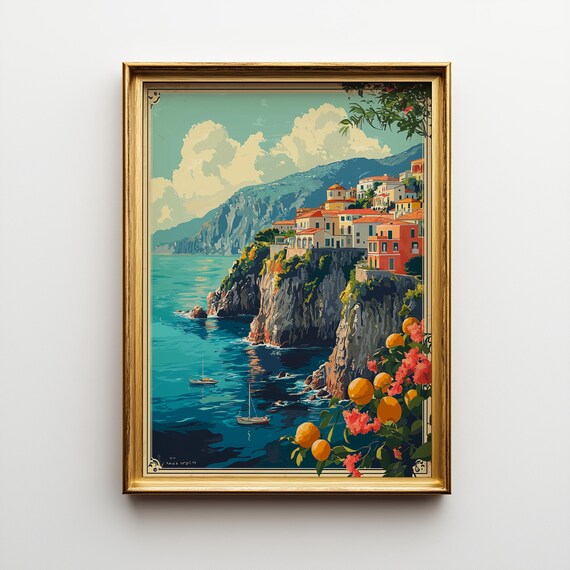 Amalfi Coast Vintage Italian Seaside Travel Poster