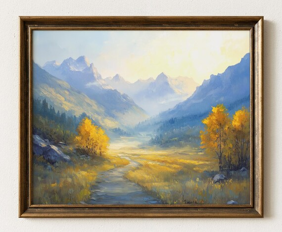 Autumn Aspen Mountain Valley Stream Impressionist Landscape Poster