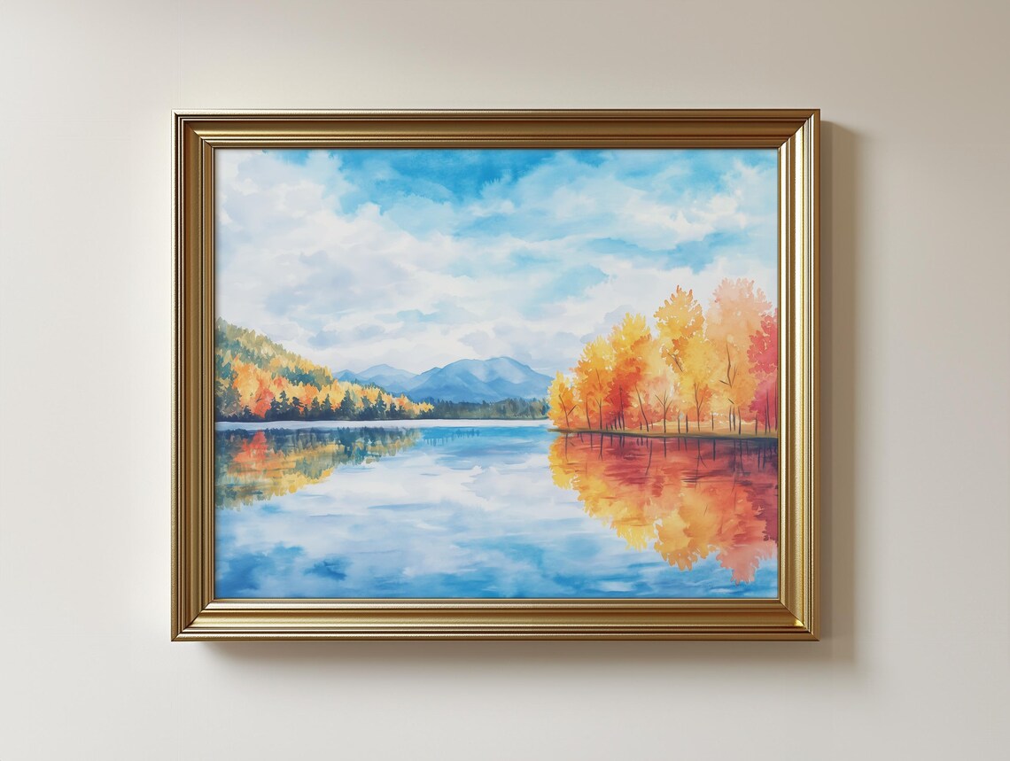Autumn Lake Reflection Print Tranquil Nature Painting 443