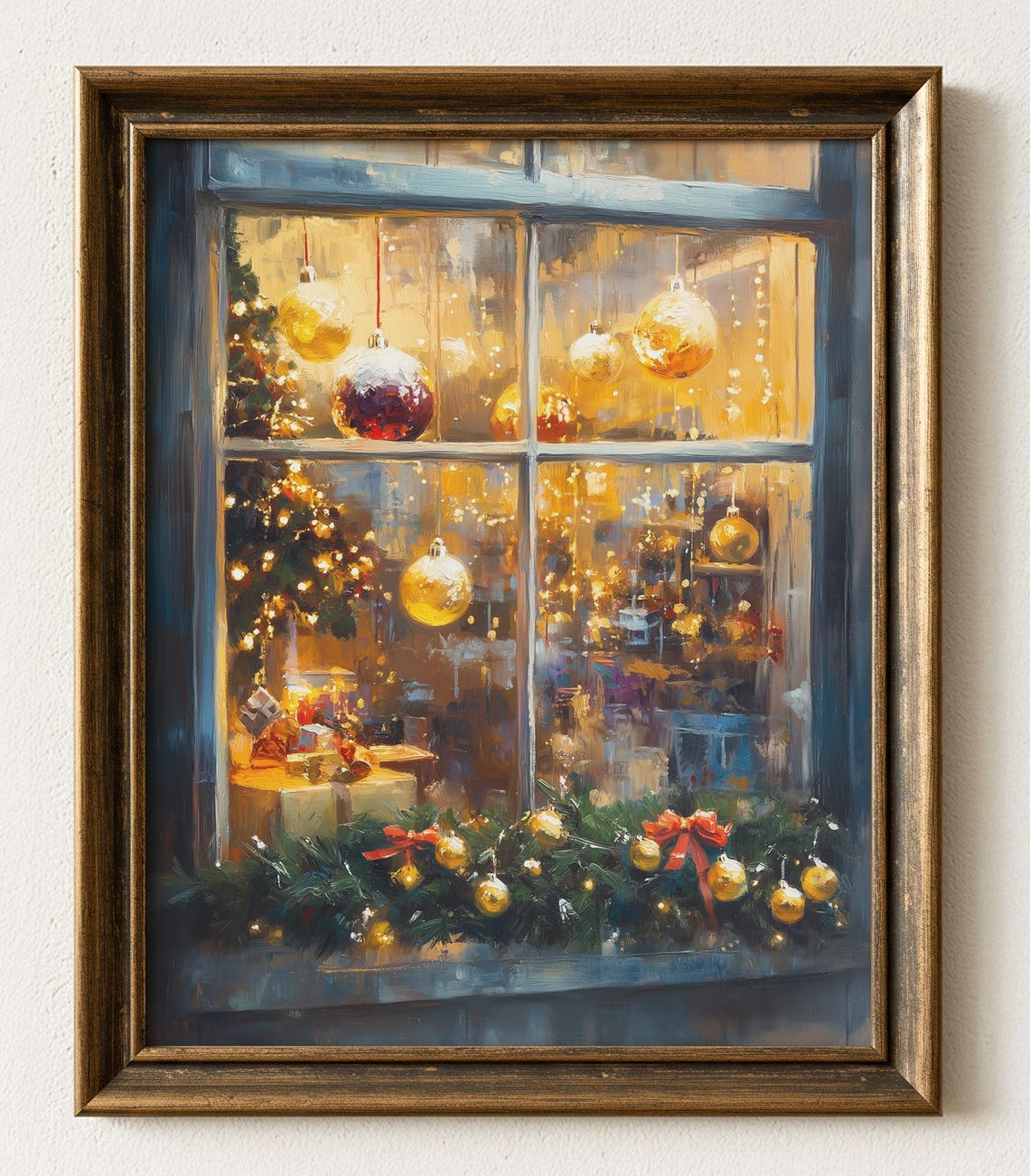 Cozy Christmas Shop Window with Golden Ornaments Holiday Poster