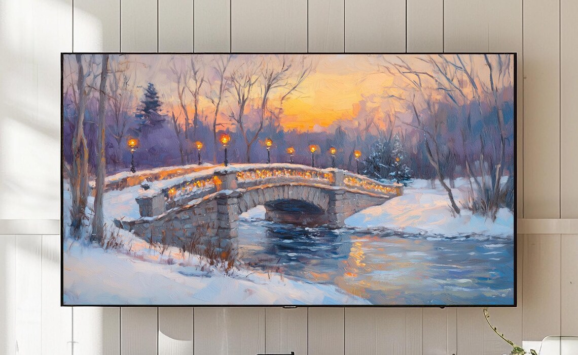 Winter Landscape, Snowy Bridge Scene Art Print