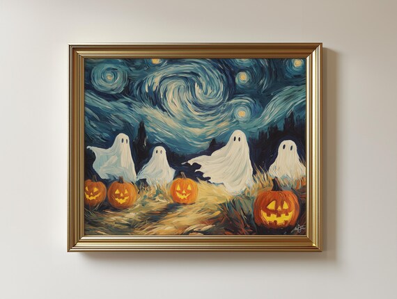 Starry Night Halloween Ghosts, Playful Pumpkin Spirits