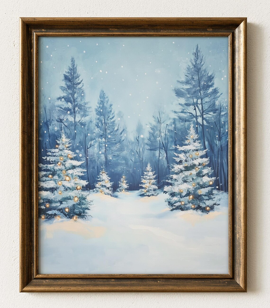 Peaceful Snowy Fir Forest Christmas Lights Winter Painting Poster