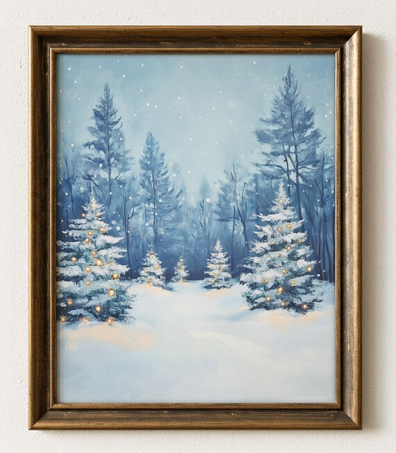 Peaceful Snowy Fir Forest Christmas Lights Winter Painting Poster