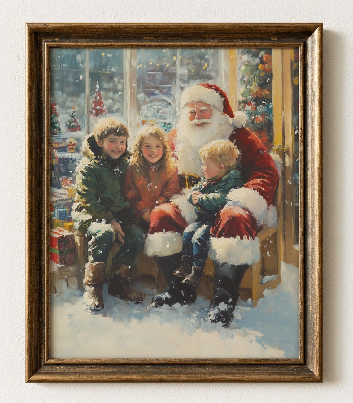 Vintage Christmas Oil Painting Santa With Children Art 925a