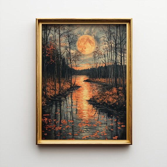 Moonlit River Vintage Landscape Art Print, Autumn Forest