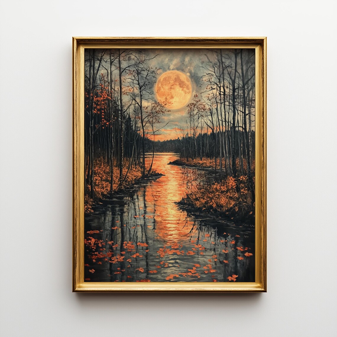 Moonlit River Vintage Landscape Art Print, Autumn Forest