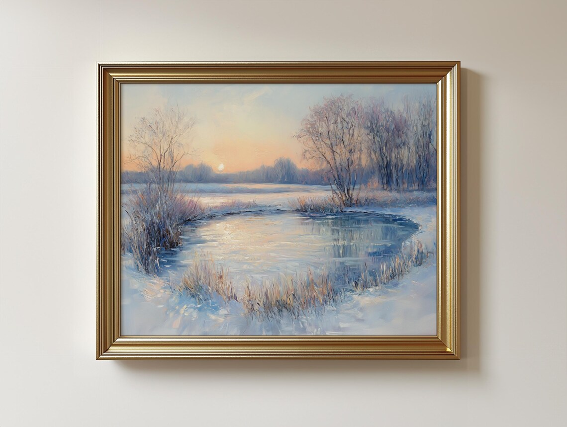 Rustic Winter Landscape, Snowy Field Sunset Art Print