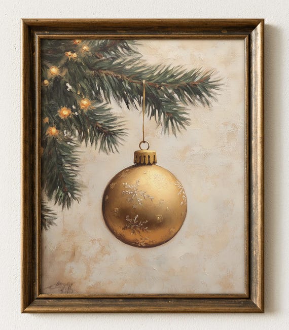 Classic Christmas Ornament Vintage Style Festive Pine Branch Cozy Holiday Decor Traditional Painting Art 1070
