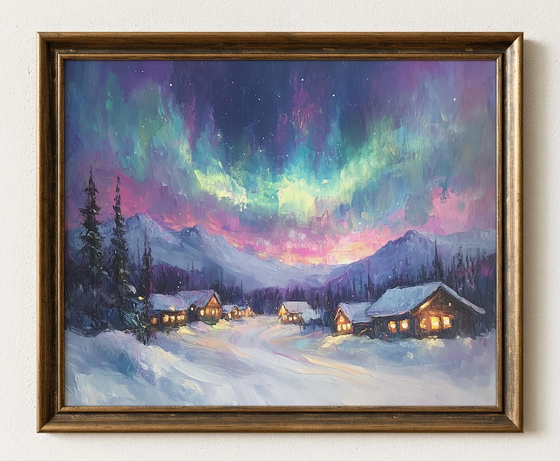 Winter Village Northern Lights, Rustic Cabin Landscape