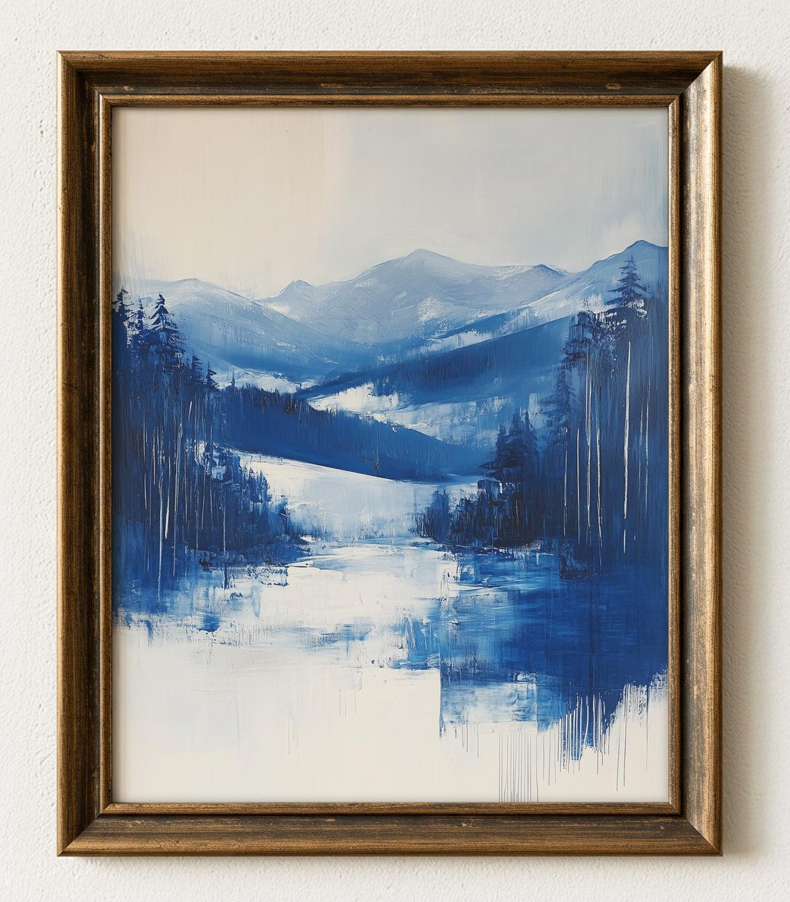 Abstract Blue Winter Mountain Landscape Oil Art Dramatic Poster