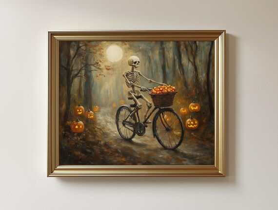 Skeleton On Bike Halloween Art, Spooky Forest Oil Painting