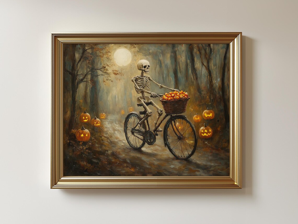 Skeleton On Bike Halloween Art, Spooky Forest Oil Painting