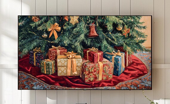 Vintage Christmas Gifts Under Tree Cozy Holiday Painting Poster