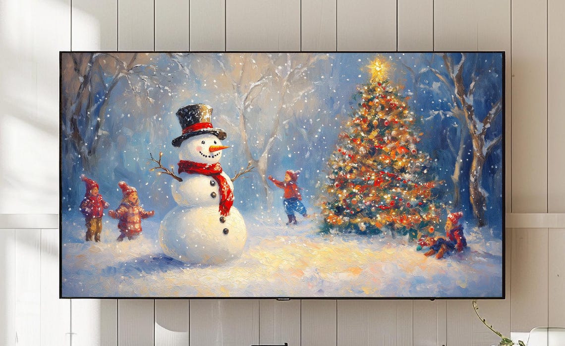 Happy Snowman Children Playing Snowy Christmas Forest Poster