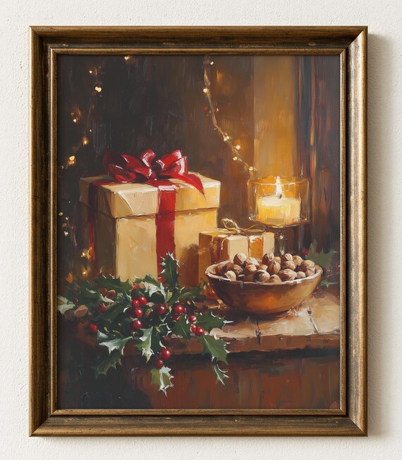 Rustic Christmas Still Life Print Wrapped Gift Candle 663