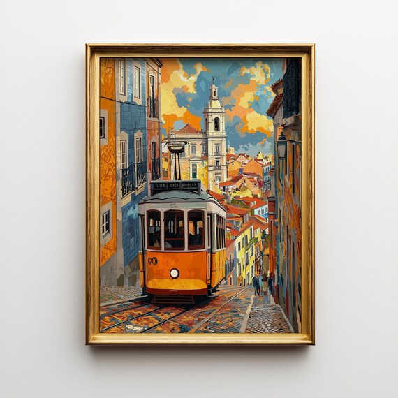 Lisbon Yellow Tram Climbing Cobblestone Hill Street Scene Art Poster