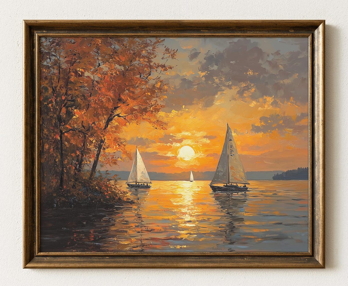 Autumn Sunset Sailboats Golden Lake Orange Trees Landscape Poster