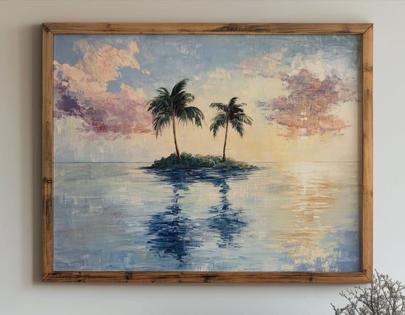 Tropical Sunset Painting Palm Tree Reflection Coastal Art Print 64