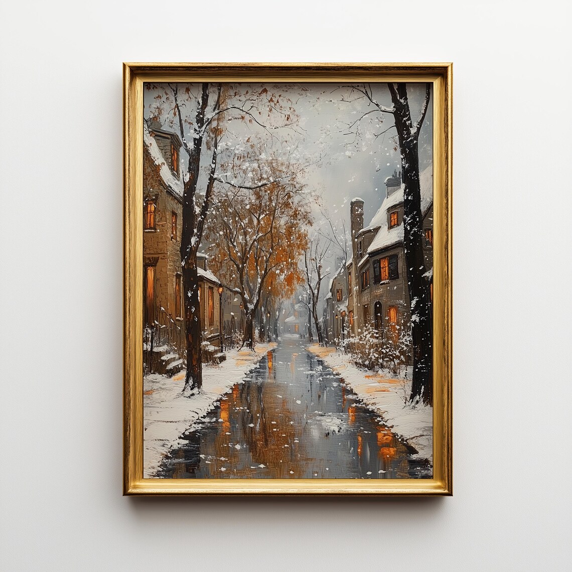 Winter Cobblestone Lane, Vintage Village Scene Art Print