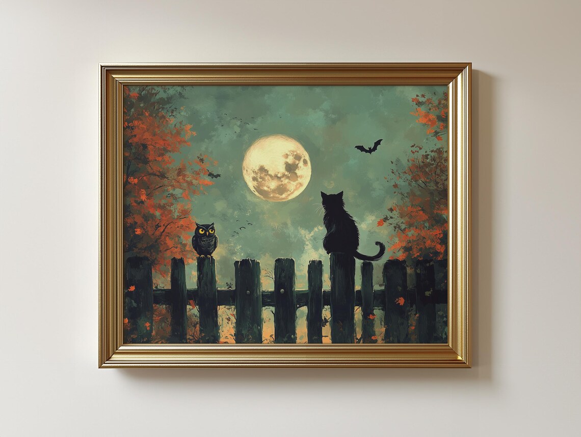 Haunted Halloween Night Print Cat Pumpkin Full Moon 108