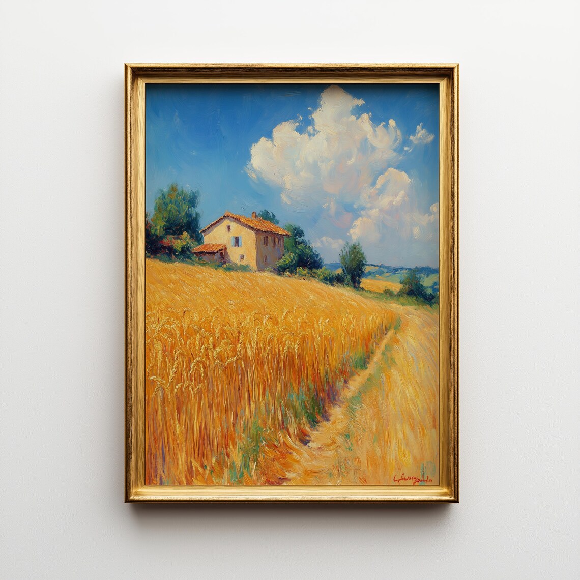 Golden Wheat Field Landscape, Rustic Farmhouse Art Print