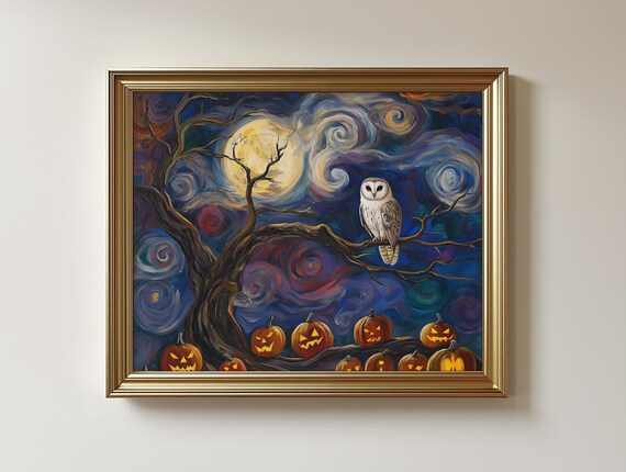 Halloween Barn Owl Print Spooky Pumpkin Scene Autumn Decor 303