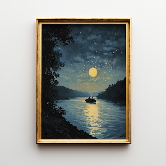 Starry Night Mississippi River Vintage Landscape Print