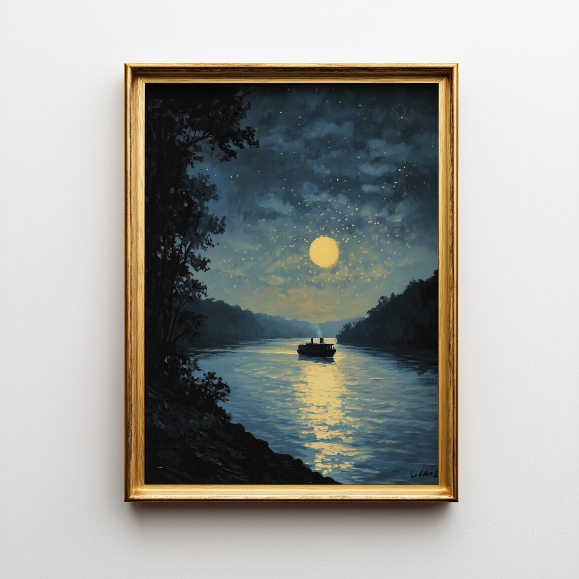 Starry Night Mississippi River Vintage Landscape Print