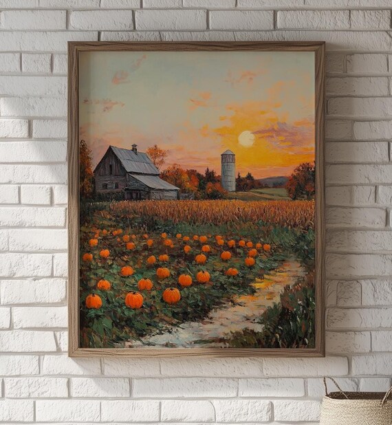Pumpkin Patch Farm Oil Painting Autumn Sunset Landscape Art 44