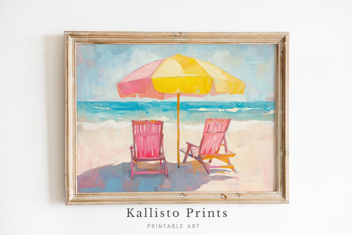 Colorful Beach Umbrella And Pink Chairs Seaside Summer Poster