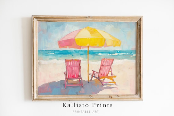 Colorful Beach Umbrella And Pink Chairs Seaside Summer Poster
